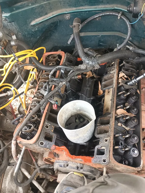 V8 engine with the cylinder heads off